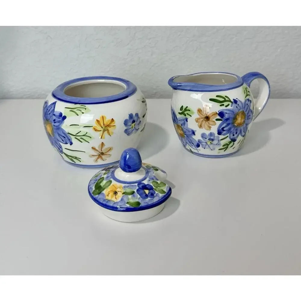 VTG Ceramic Sugar Bowl & Creamer Floral Pattern White Blue & Yellow Italy Made